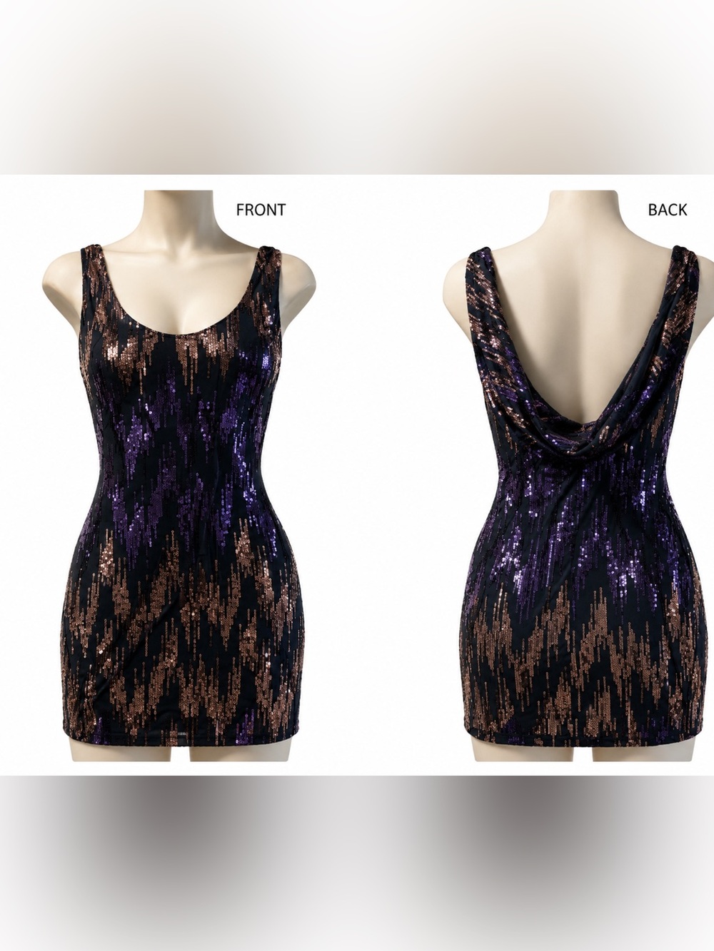 Arden B XS Black Purple Rose Gold Sequin Mini Dress Open Cowl Back Party Cocktai